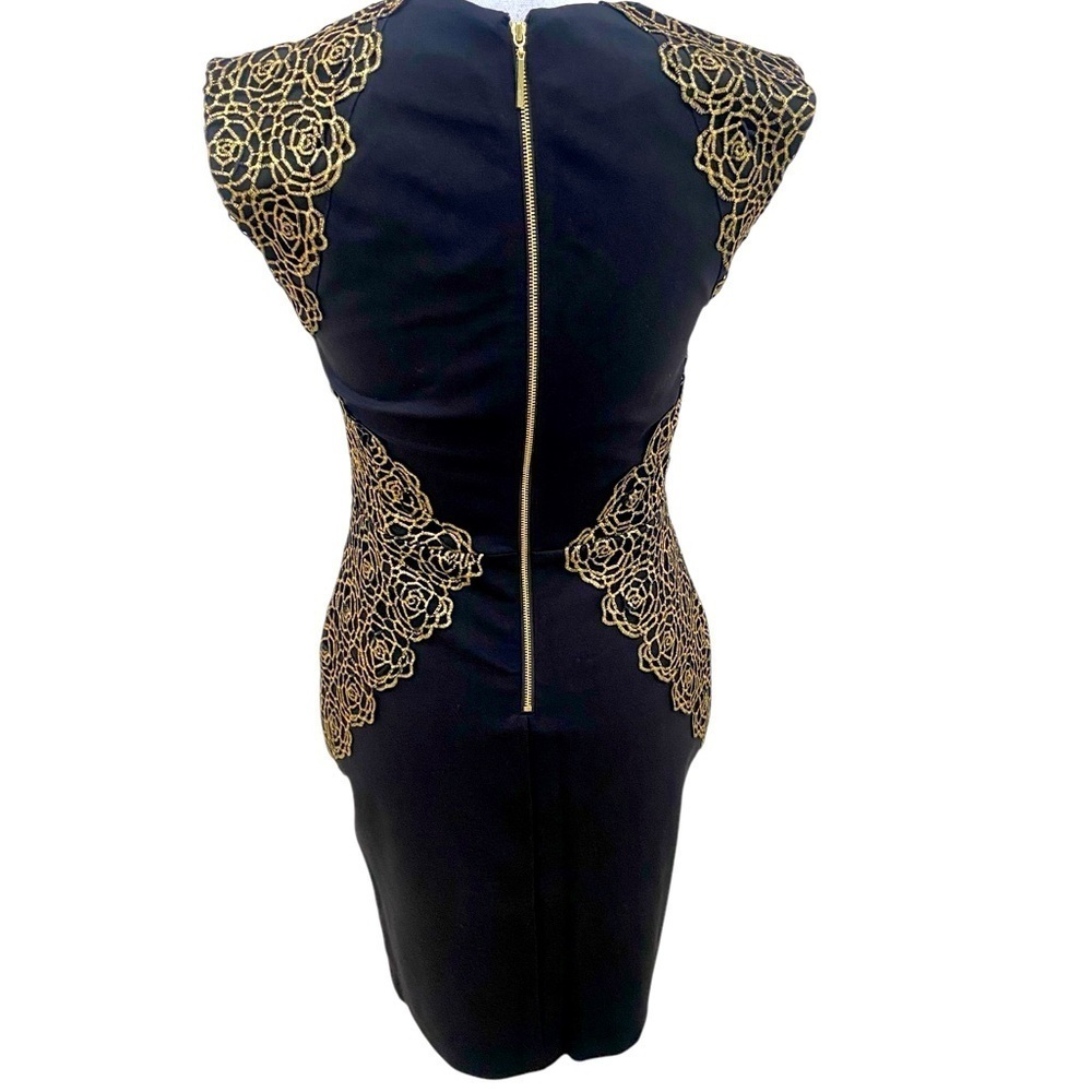 NWT Erin black & gold rosette embroidery fitted short sleeve pint dress size 4 - Picture 5 of 12